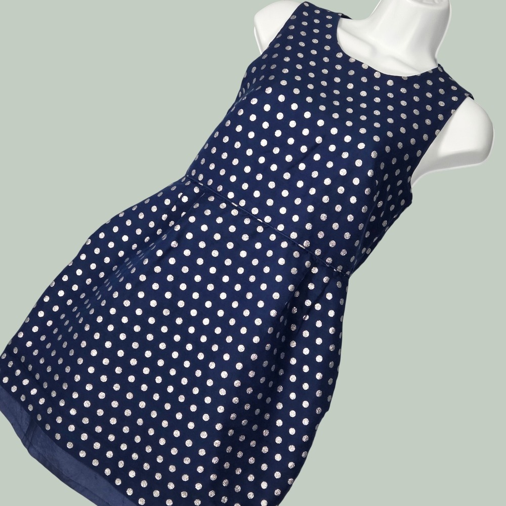 J.Crew Women 0 XS Fit and Flare Sleeveless Dress Navy Silver Polka Dot Pockets‎